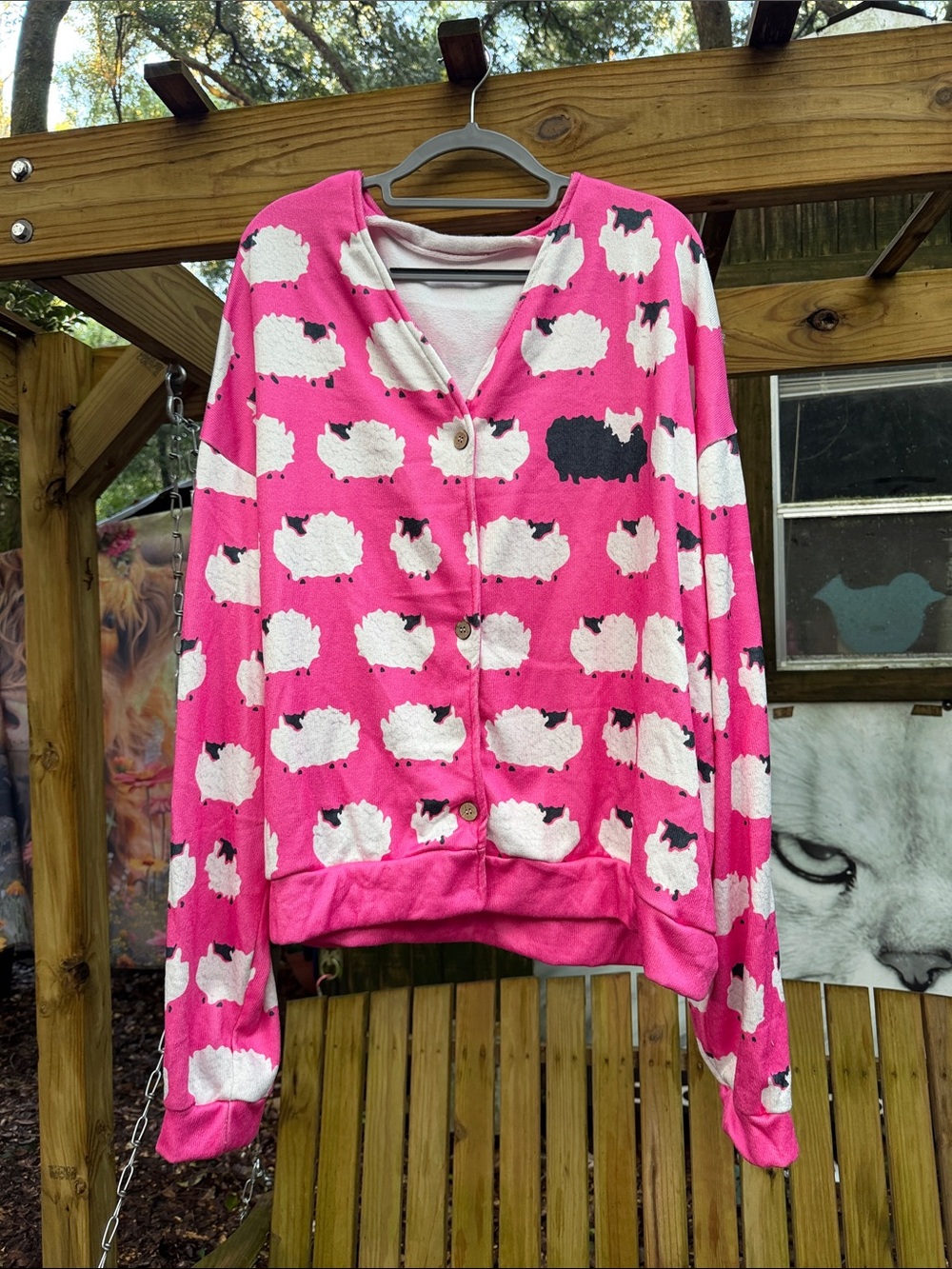 Pink Sheep-Print Button Cardigan Sweater 5x